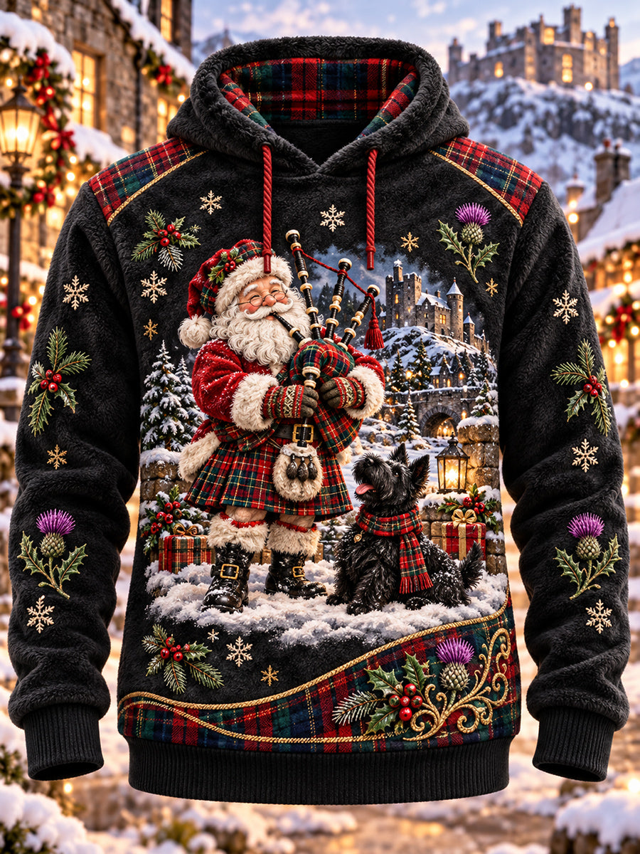 Men's Retro Scottish Christmas Printed Flannel Hoodie