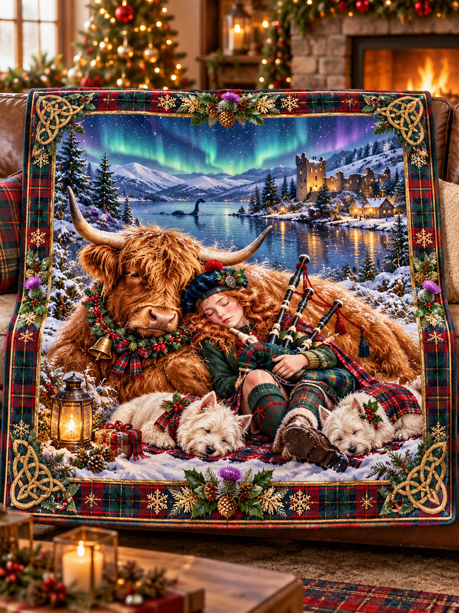 Retro Scottish Christmas Printed Cotton Blanket