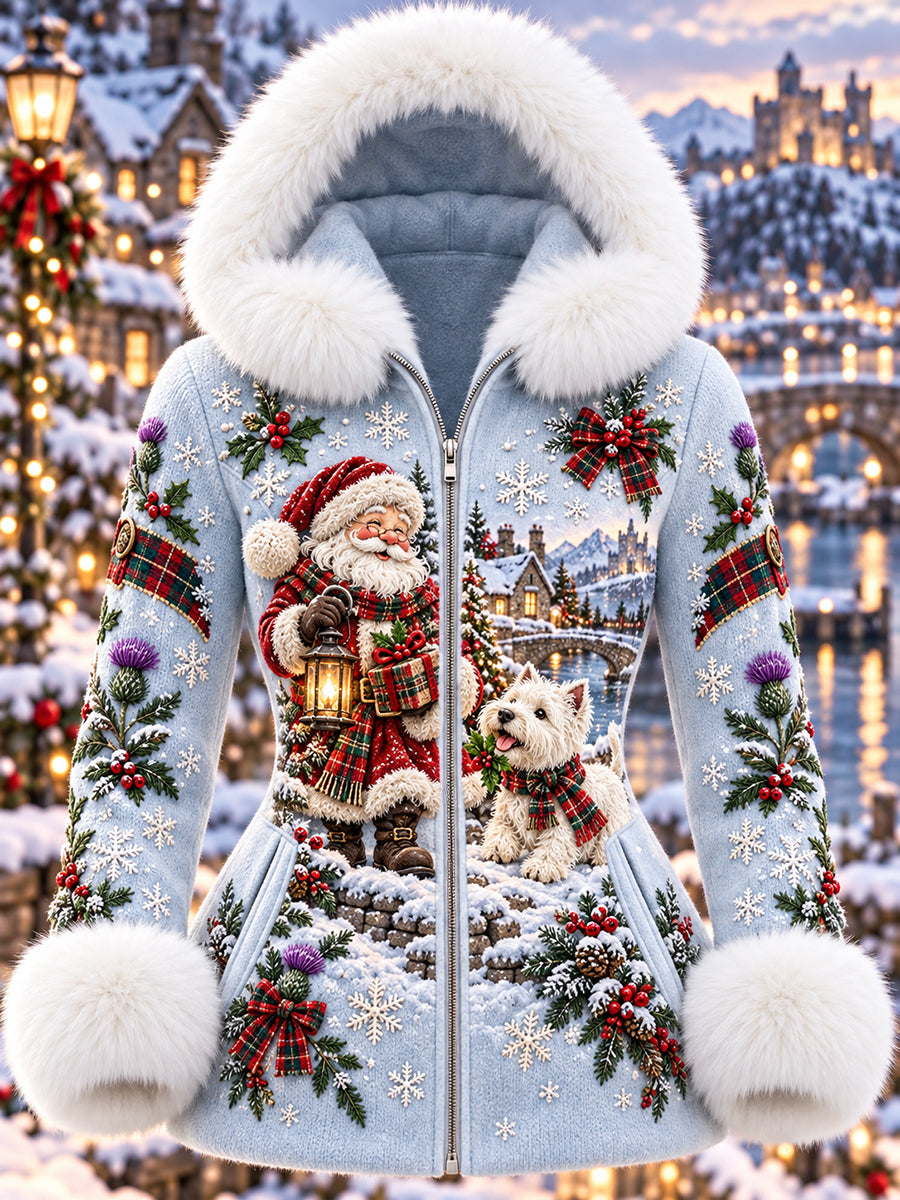Women's Retro Scottish Christmas Printed Hooded Jacket