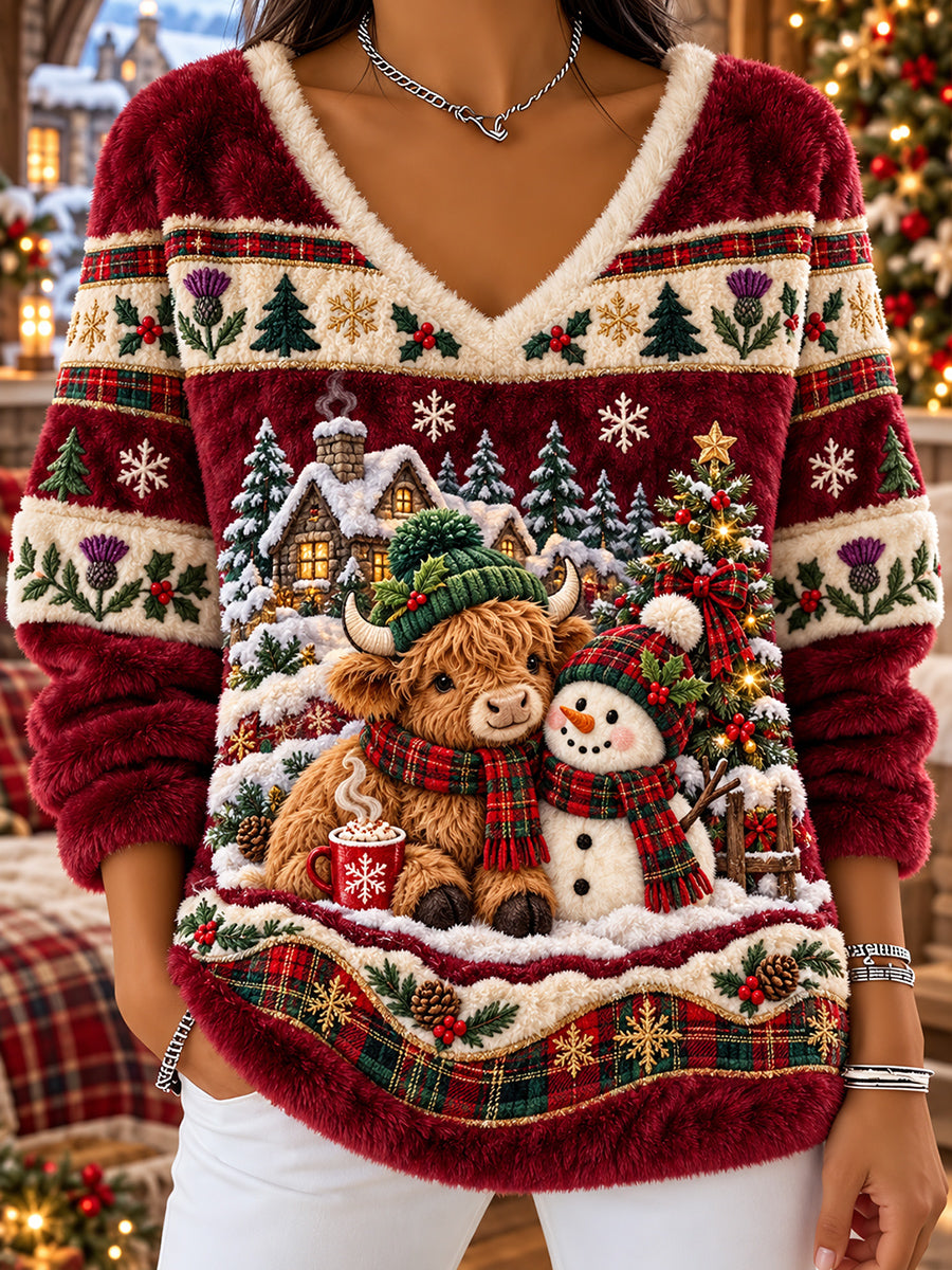 Women's Retro Scottish Christmas Printed V-neck Flannel Top