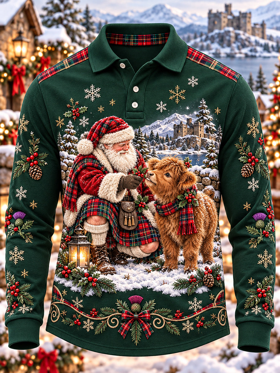 Men's Retro Scottish Christmas Printed Long-sleeved Polo Shirt