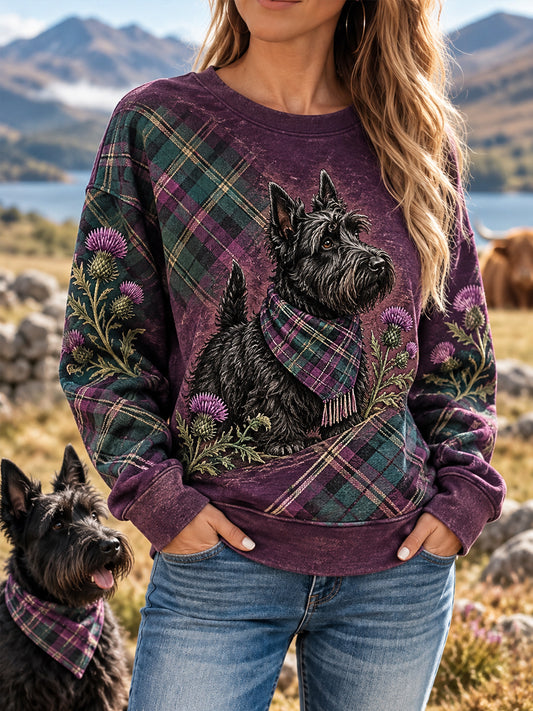 Women's Scottish Terrier Plaid Print Dog Lover Casual Sweatshirt