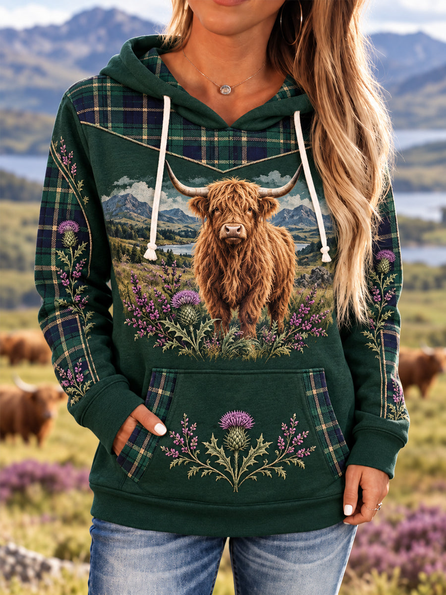 Women's Highland Cow Plaid Print Casual Hoodie