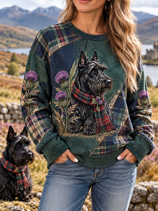 Women's Scottish Terrier Plaid Print Dog Lover Casual Sweatshirt