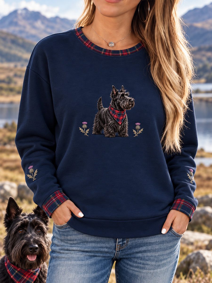 Women's Scottish Terrier Plaid Print Dog Lover Casual Sweatshirt