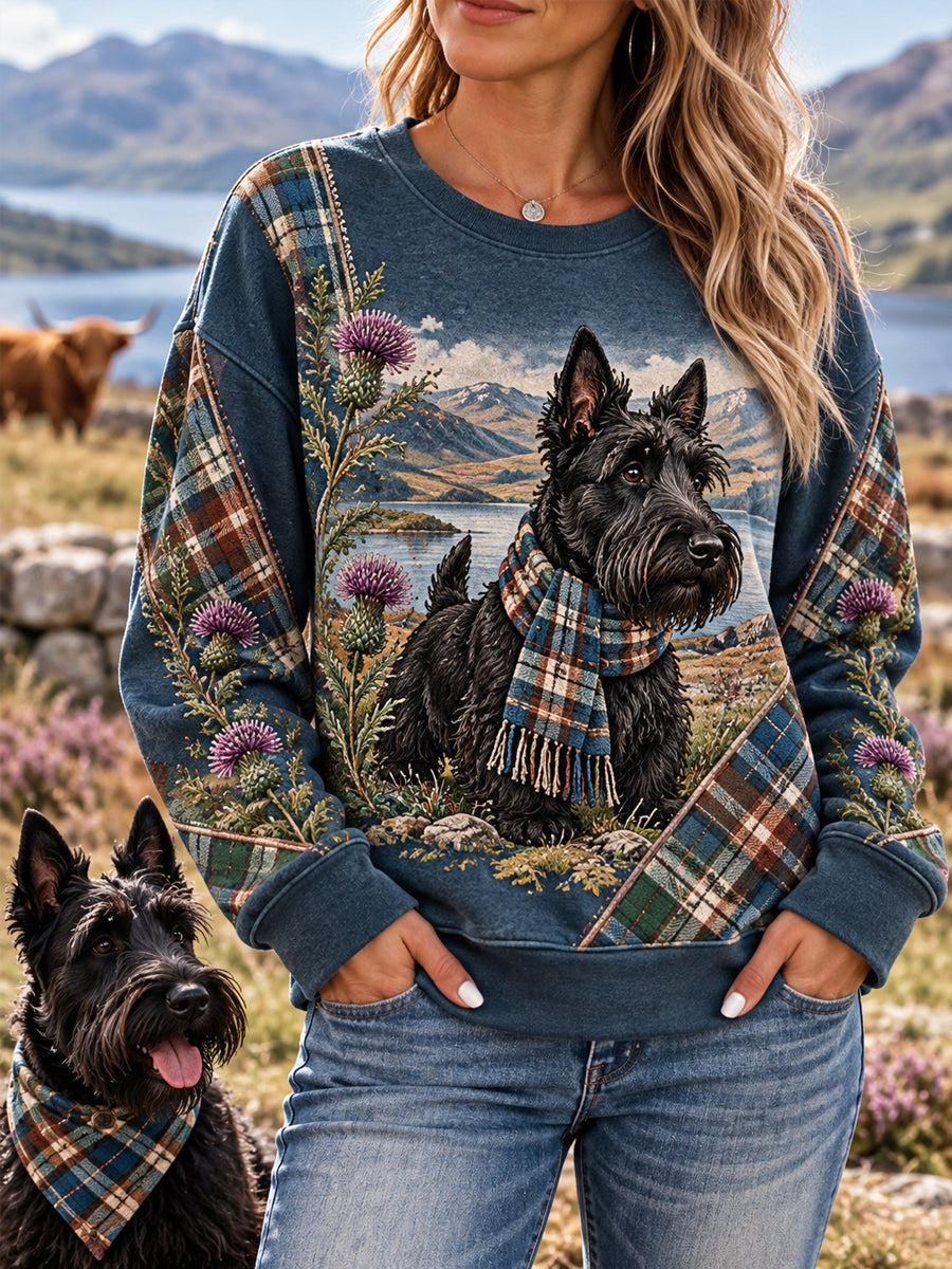 Women's Scottish Terrier Plaid Print Dog Lover Casual Sweatshirt