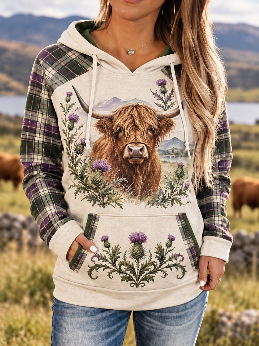 Women's Highland Cow Plaid Print Casual Hoodie