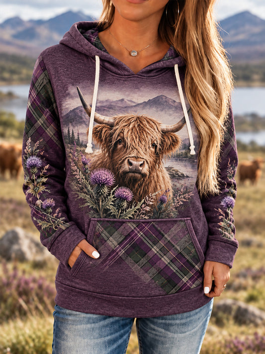 Women's Highland Cow Plaid Print Casual Hoodie