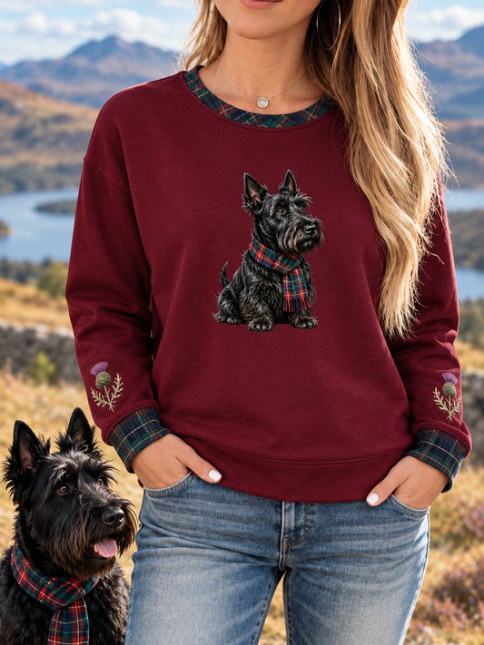 Women's Scottish Terrier Plaid Print Dog Lover Casual Sweatshirt